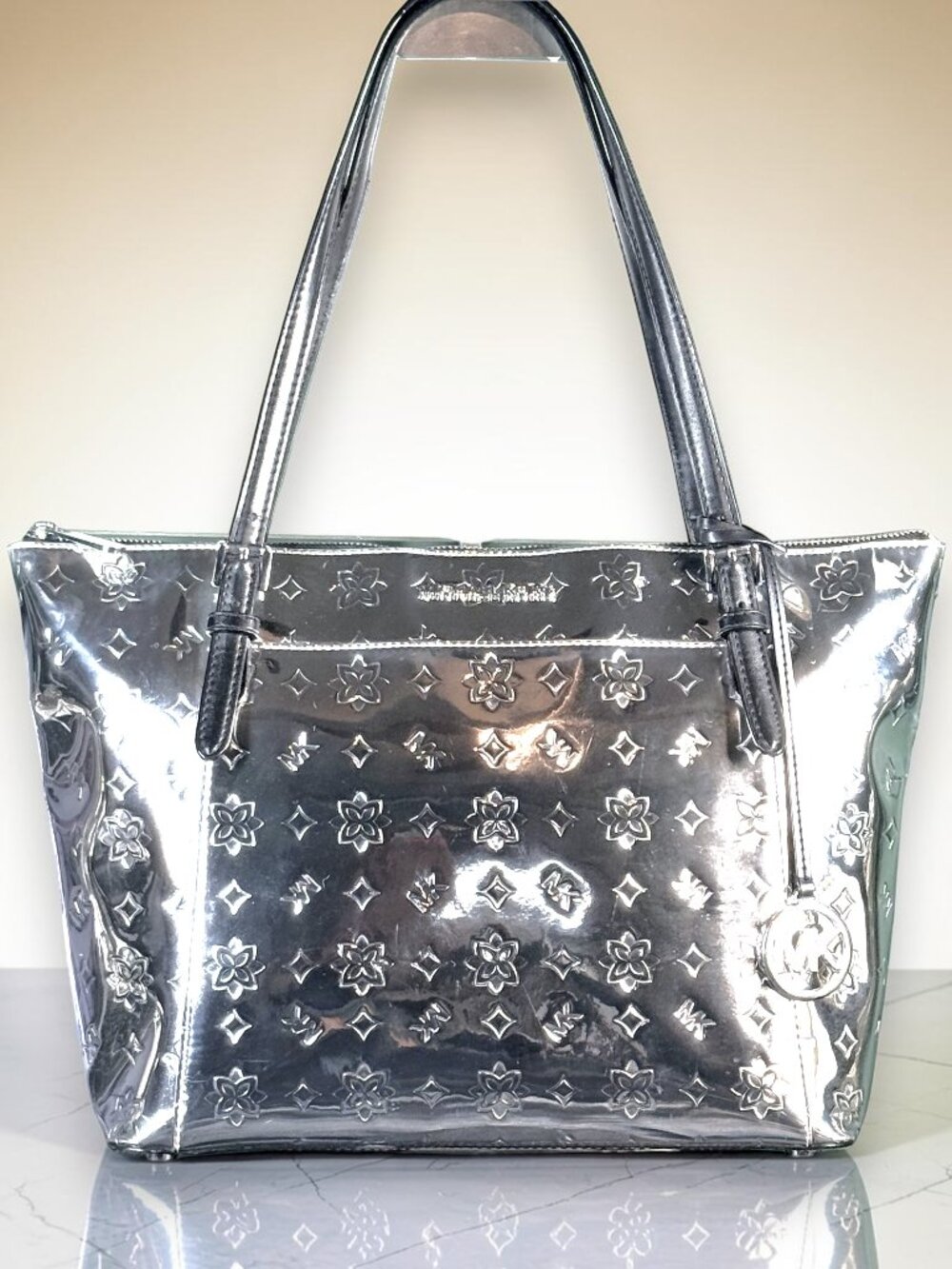 Michael Kors Jet Set Travel Large East-West Mirrored Silver Tote
